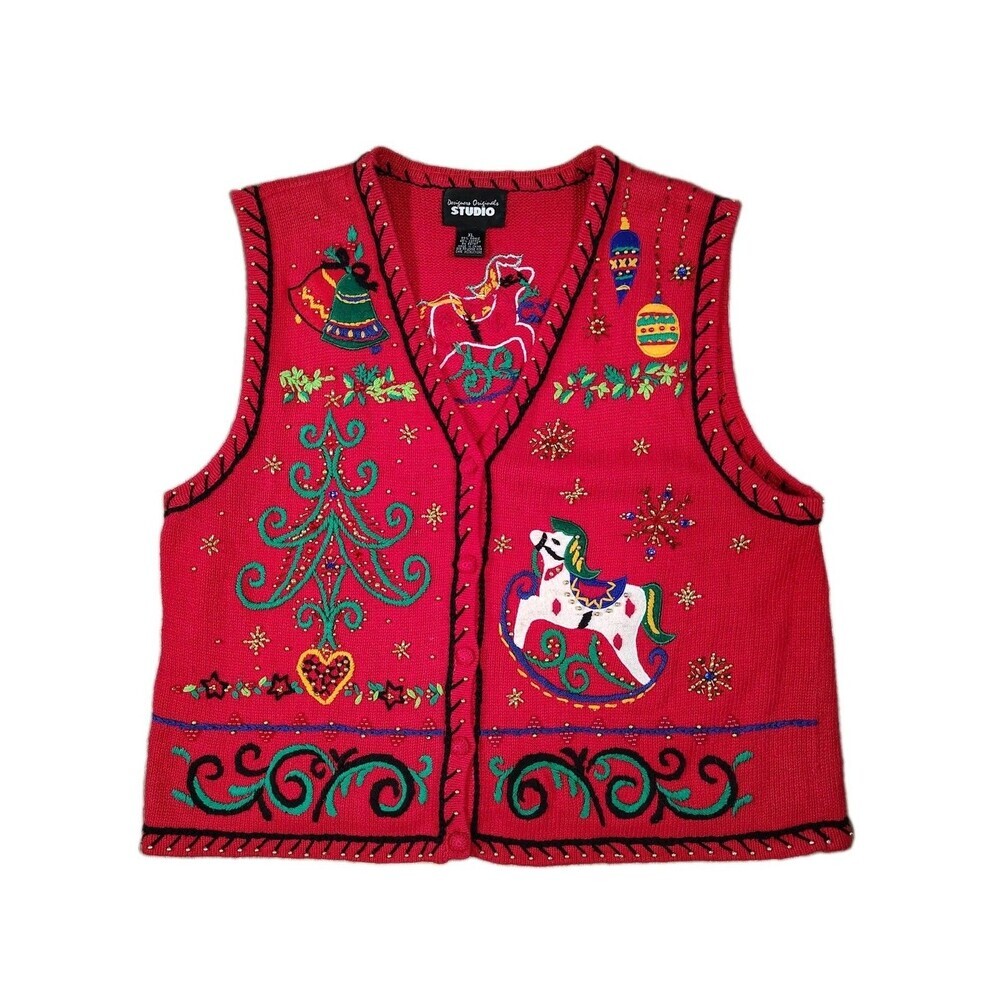 Vintage Christmas Vest Womens XL Rocking Horse Embroidered Beaded Ugly Sweater